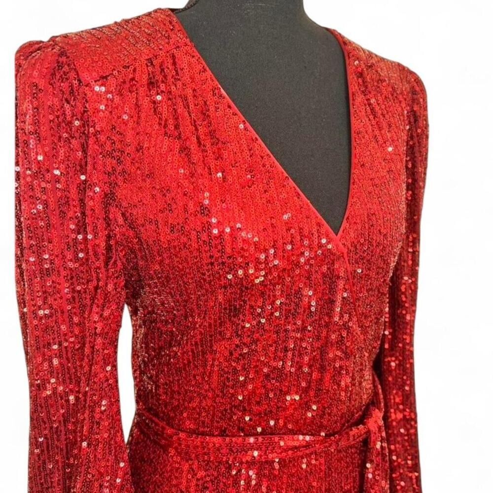 Red Sequin Jumpsuit Long Sleeve Wide Leg V Neck Wrap Formal Women’s Small - Picture 3 of 7